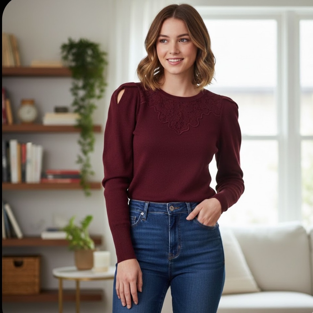 EXPRESS | Puff Sleeve Lace Accent Blouse